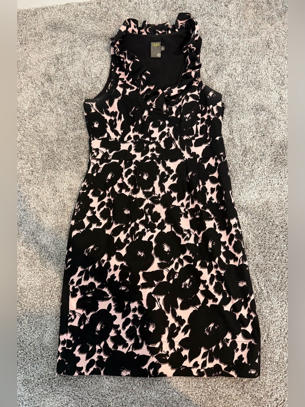 Taylor Sleeveless Pink and Black Floral Ruffle Neck Dress size 8